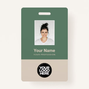 Sage Green Beige Employee Photo Logo Name Badge