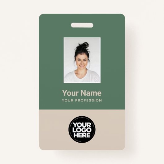 Sage Green Beige Employee Photo Logo Name Badge (Voorkant)