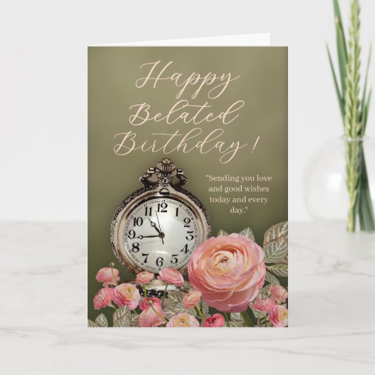 Sage Green Beige Floral Belated Birthday Card Kaart (Voorkant)