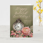 Sage Green Beige Floral Belated Birthday Card Kaart (Gele Bloem)
