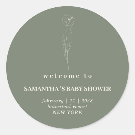 Sage Green Beige Flower Welcome baby shower Ronde Sticker (Voorkant)