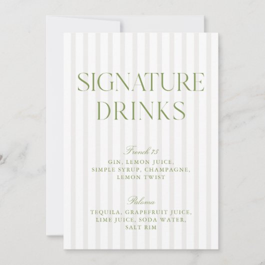 Sage Green & Beige Signature Drinken Menu Kaart (Voorkant)
