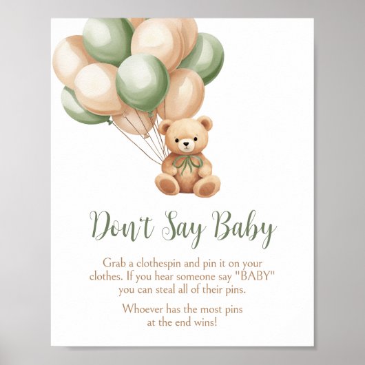 Sage Green Beren ballon Baby shower zeg niet Baby Poster (Voorkant)