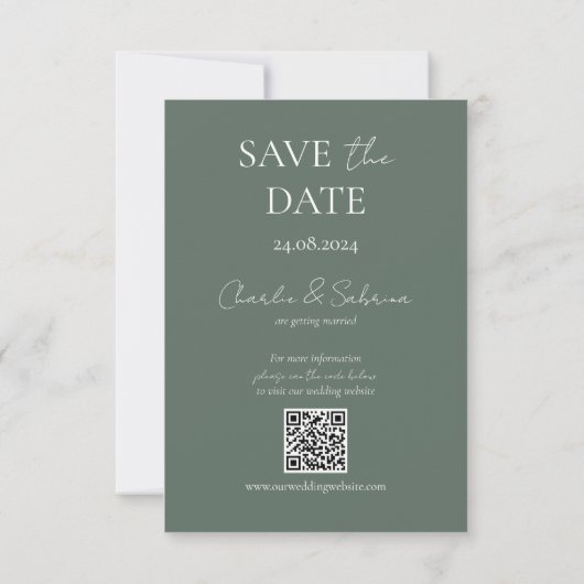 Sage Green Bewaar de Date Kaart met Wedding QR Cod (Achterkant)