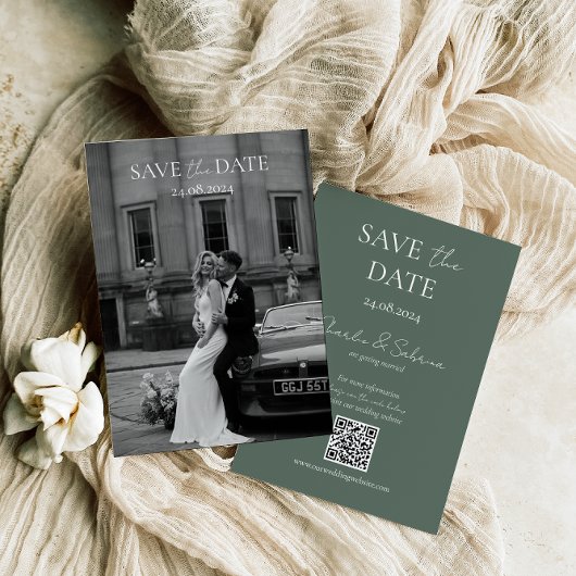 Sage Green Bewaar de Date Kaart met Wedding QR Cod