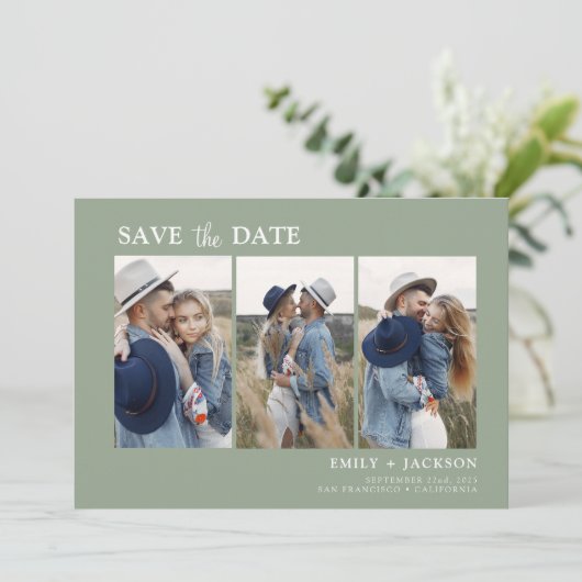 Sage Green Bewaar de datum 4 Foto Eenvoudig Save The Date (Staand voorkant)