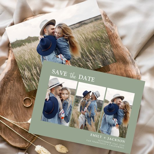 Sage Green Bewaar de datum 4 Foto Eenvoudig Save The Date