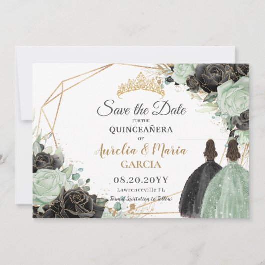 Sage Green Black Bloemen Tweeling XV Quinceañera Save The Date (Voorkant)