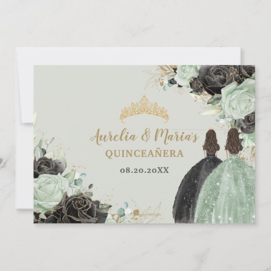 Sage Green Black Bloemen Tweeling XV Quinceañera Save The Date (Achterkant)