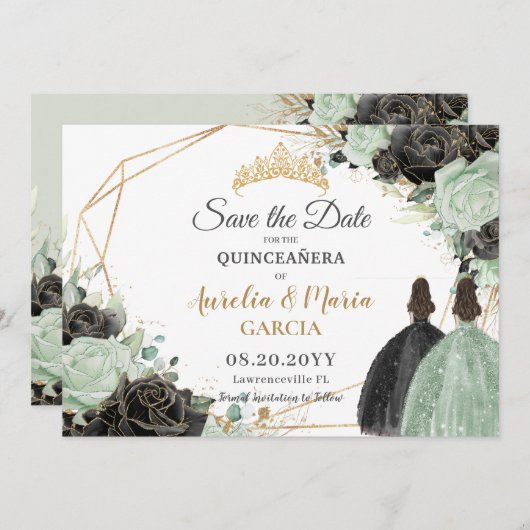 Sage Green Black Bloemen Tweeling XV Quinceañera Save The Date (Voorkant / Achterkant)