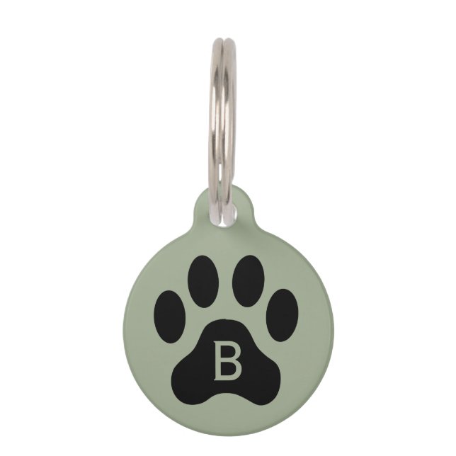 Sage Green Black Dog Paw Print Monogram Huisdier I Huisdierpenning (Voorkant)