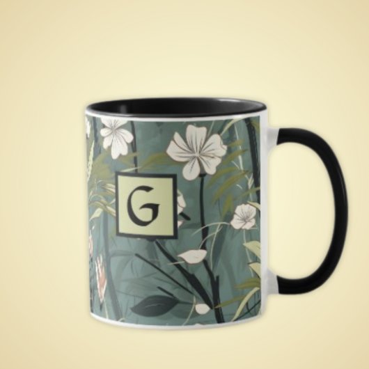 Sage Green Black Floral Japanese Style Monogram Mok