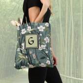 Sage Green Black Floral Japanese Style Monogram  Tote Bag