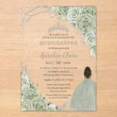 Sage Green Bloemen Bruin Meisje Zilver 15 Quinceañ Acryl Uitnodigingen (Voorkant)