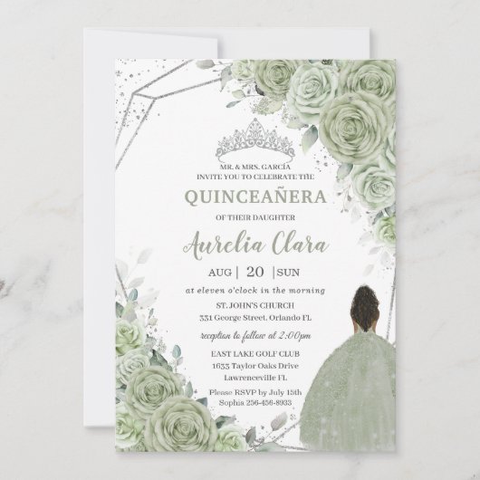 Sage Green Bloemen Bruin Meisje Zilver 15 Quinceañ Kaart (Voorkant)