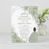 Sage Green Bloemen Bruin Meisje Zilver 15 Quinceañ Kaart (Staand voorkant)