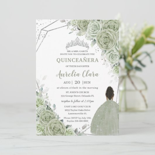 Sage Green Bloemen Bruin Meisje Zilver 15 Quinceañ Kaart (Staand voorkant)