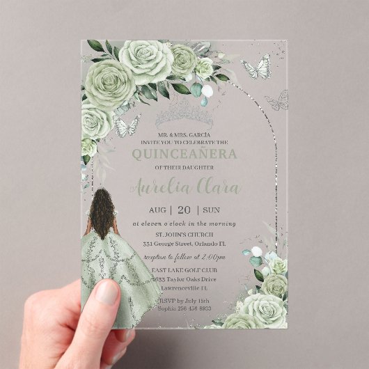 Sage Green Bloemen Bruin Meisje Zilver Quinceañera Acryl Uitnodigingen (Insitu (Draagbaar))