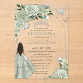 Sage Green Bloemen Bruin Meisje Zilver Quinceañera Acryl Uitnodigingen (Voorkant)