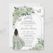 Sage Green Bloemen Bruin Meisje Zilver Quinceañera Kaart (Voorkant)