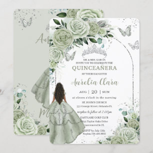 Sage Green Bloemen Bruin Meisje Zilver Quinceañera Kaart