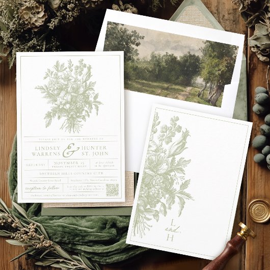 Sage Green  Bloemen Elegante Tuin Trouwen Kaart