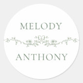 Sage Green Bloemen Grens Elegante Huwelijk Ronde Sticker (Voorkant)