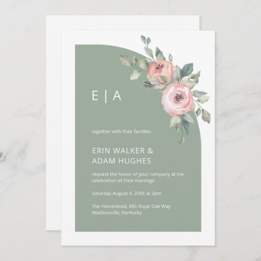 Sage Green Bloemmonogram Halve Boog Trouwen Kaart (Voorkant / Achterkant)