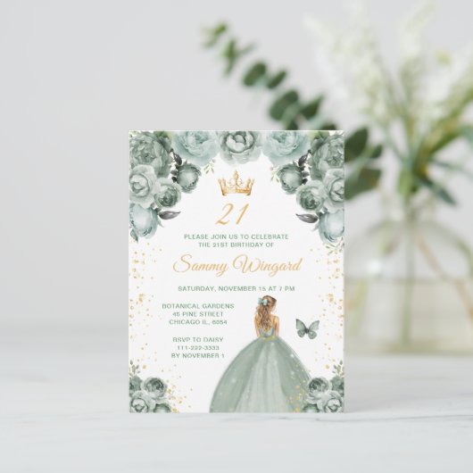 Sage Green Blonde Hair Princess Verjaardagsfeestje Briefkaart (Staand voorkant)
