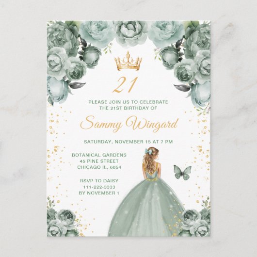 Sage Green Blonde Hair Princess Verjaardagsfeestje Briefkaart (Voorkant)