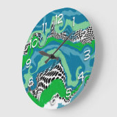 Sage Green, Blue, Black en White Abstract fluid Grote Klok (Hoek)