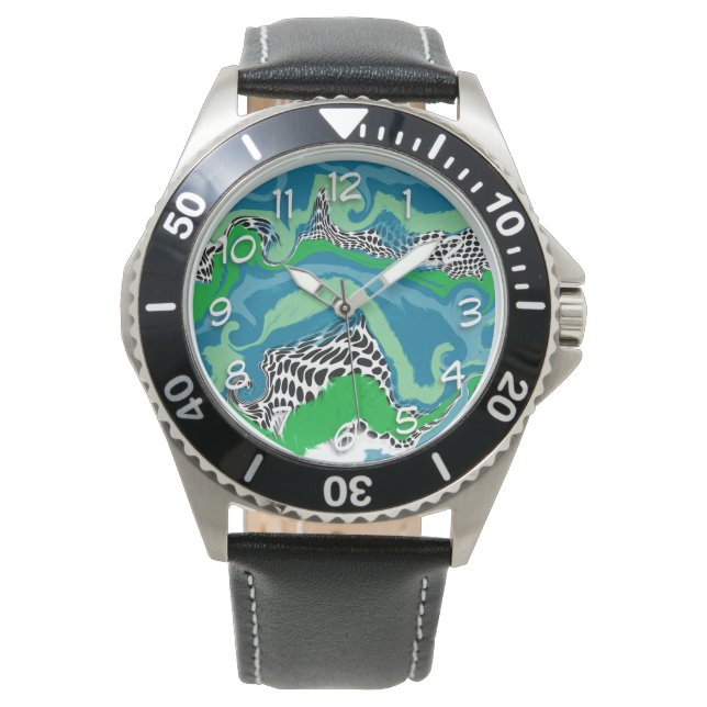Sage Green, Blue, Black en White Abstract fluid Horloge (Voorkant)