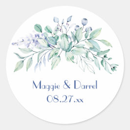 Sage Green & Blue Greenery Wedding Monogram Ronde Sticker