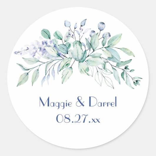 Sage Green & Blue Greenery Wedding Monogram Ronde Sticker (Voorkant)