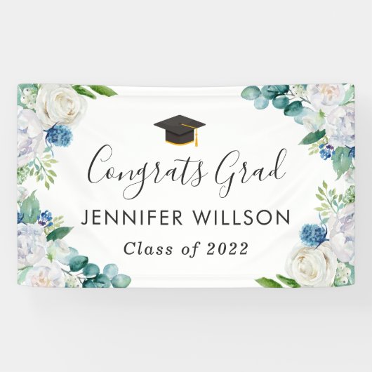 Sage Green Blue White Floral Graduation Party Spandoek (Horizontaal)