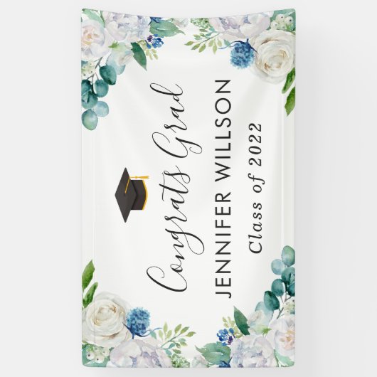 Sage Green Blue White Floral Graduation Party Spandoek (Verticaal)