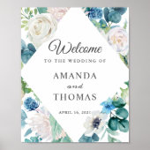 Sage Green Blue White Floral Wedal Welcome Sign Poster (Voorkant)