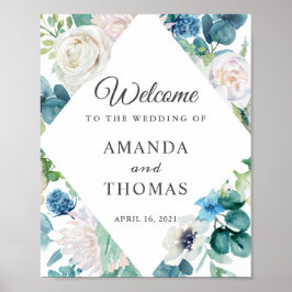 Sage Green Blue White Floral Wedal Welcome Sign Poster