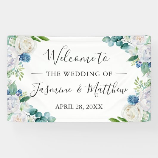 Sage Green Blue White Floral Wedding Party Spandoek (Horizontaal)