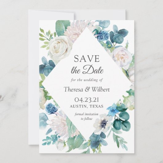 Sage Green Blue White Garden Floral Wedding Save The Date (Voorkant)