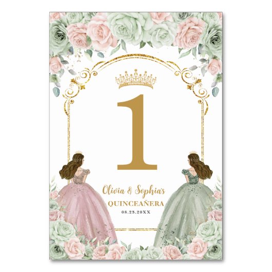 Sage Green Blush Bloemen Tweeling Quinceanera Kaart (Achterkant)