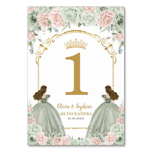 Sage Green Blush Bloemen Tweeling Quinceanera Verj Kaart (Achterkant)