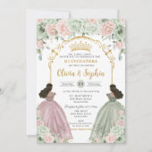 Sage Green Blush Floral Brown Twins Quinceañera  Kaart (Voorkant)