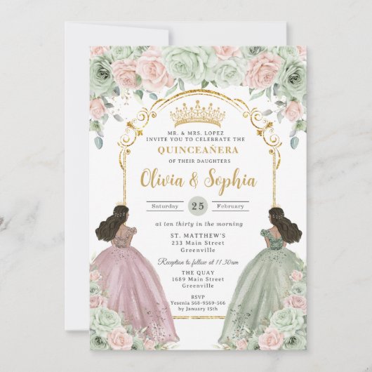 Sage Green Blush Floral Brown Twins Quinceañera  Kaart (Voorkant)