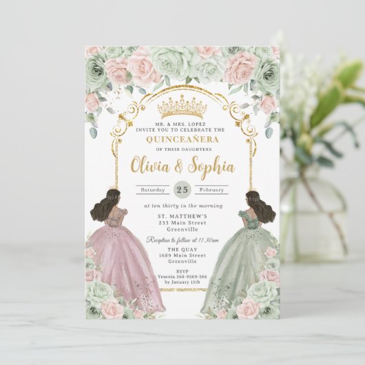 Sage Green Blush Floral Brown Twins Quinceañera  Kaart (Staand voorkant)