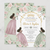 Sage Green Blush Floral Brown Twins Quinceañera  Kaart (Voorkant / Achterkant)