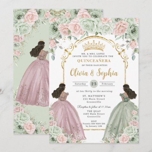 Sage Green Blush Floral Brown Twins Quinceañera  Kaart (Voorkant / Achterkant)