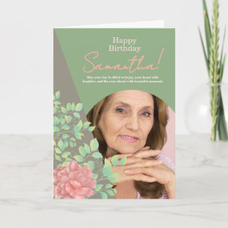 Sage Green Blush Floral Photo Birthday Greeting Kaart