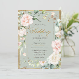 Sage Green Blush Floral Waterverf Wedding Kaart