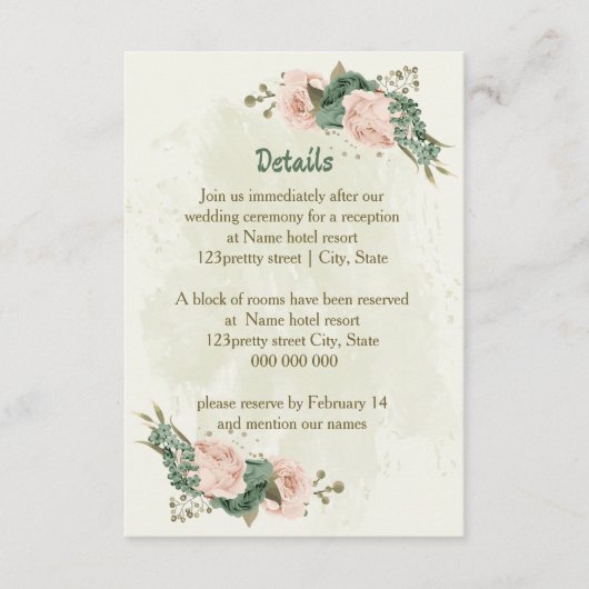 Sage Green Blush Flowers Wedding Details Informatiekaartje (Voorkant)